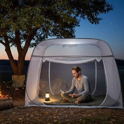 homme-lecture-tente-moustiquaire-lampe