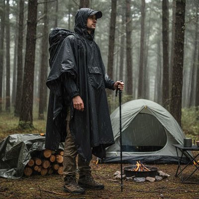 homme-poncho-pluie-noir-feu-tente