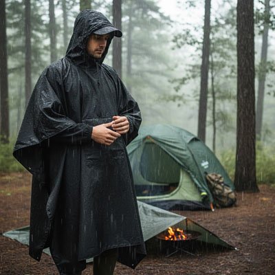 homme-poncho-pluie-noir-tente-feu