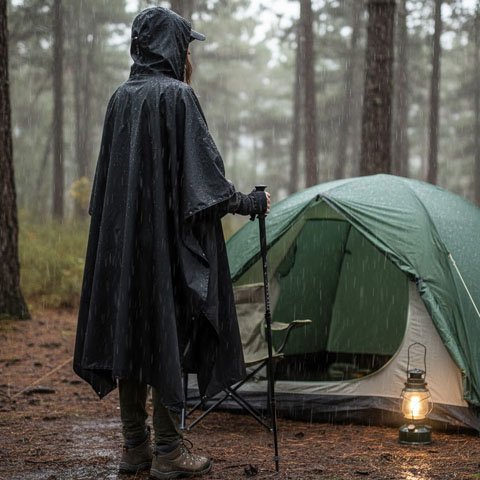 homme-poncho-pluie-noir-tente-lampe