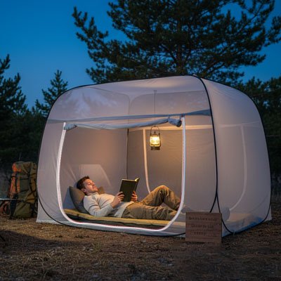 homme-relaxe-tente-moustiquaire-lampe