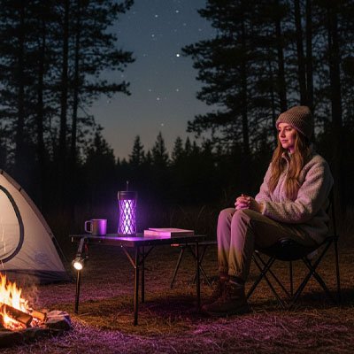 lampe-anti-moustique-femme-feu-tente