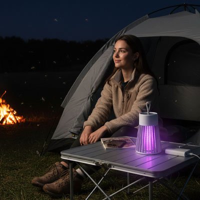 lampe-anti-moustique-femme-tente-feu