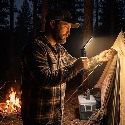 lampe-de-poche-homme-tente-feu