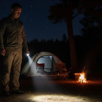lampe-de-poche-nuit-homme-debout-feu