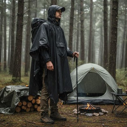 poncho-pluie-noir-homme-feu-tente