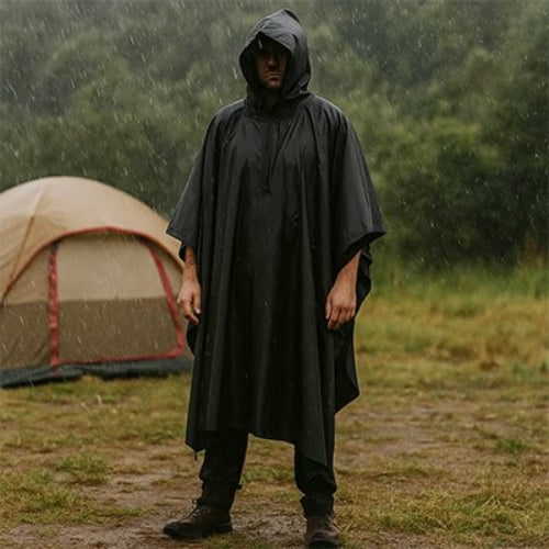 poncho-pluie-noir-tente-beige-homme