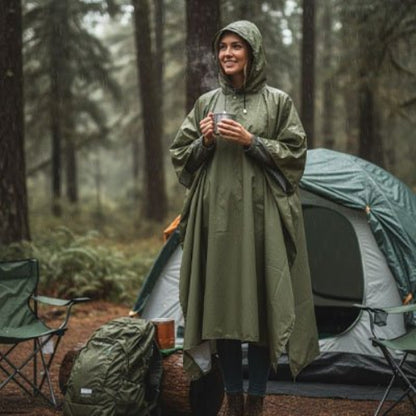 poncho-pluie-vert-femme-boisson-chaude