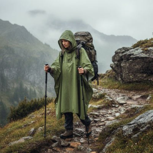 poncho-pluie-vert-femme-marche
