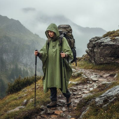 poncho-pluie-vert-femme-marche