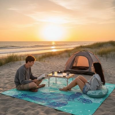 tapis-de-plage-couple-tente-mer