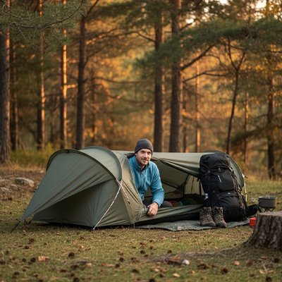 tente-trekking-homme-foret-sac