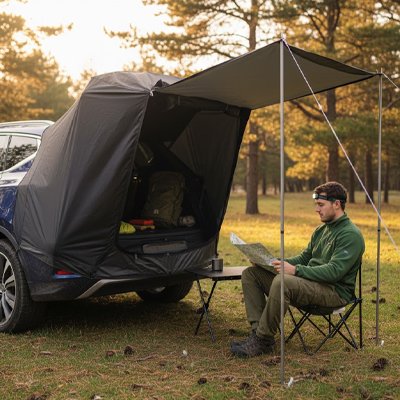 tente-voiture-homme-lampe-frontale-lecture