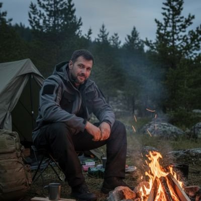 veste-impermable-homme-assis-feu-tente