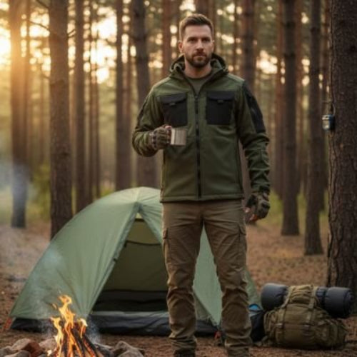 veste-impermeable-homme-debout-feu-tasse 